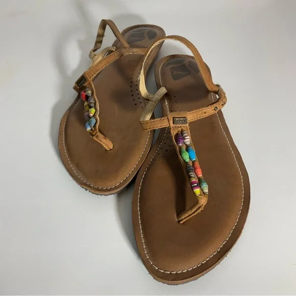 Reef Multi-Color Jewel Beads Between Toe Brown Ankle Strap Sandals Snap Closure. - Picture 11 of 16